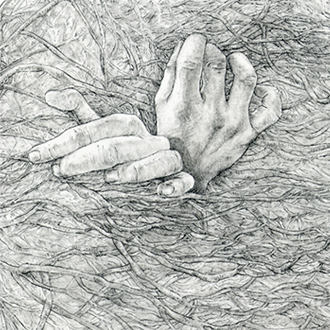 Pencil drawing of a tumbleweed with a pair of hands coming out of it